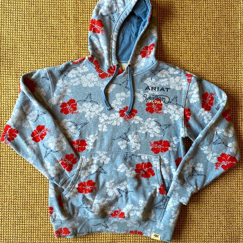 Ariat Western Aloha Men’s Small Lt. Blue Floral and Longhorn Skull Hoodie